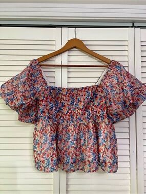 Lush Floral Off-Shoulder Peplum Top - Pink, Blue & Red